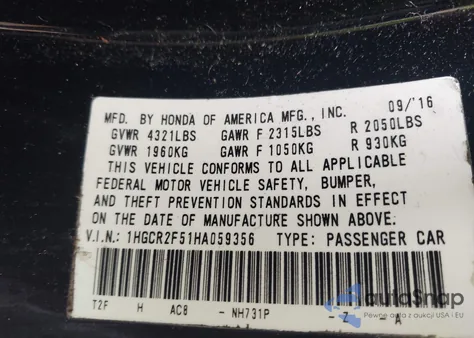 2017 Honda Accord Sport from USA, damaged, VIN 1HGCR2F51HA059356